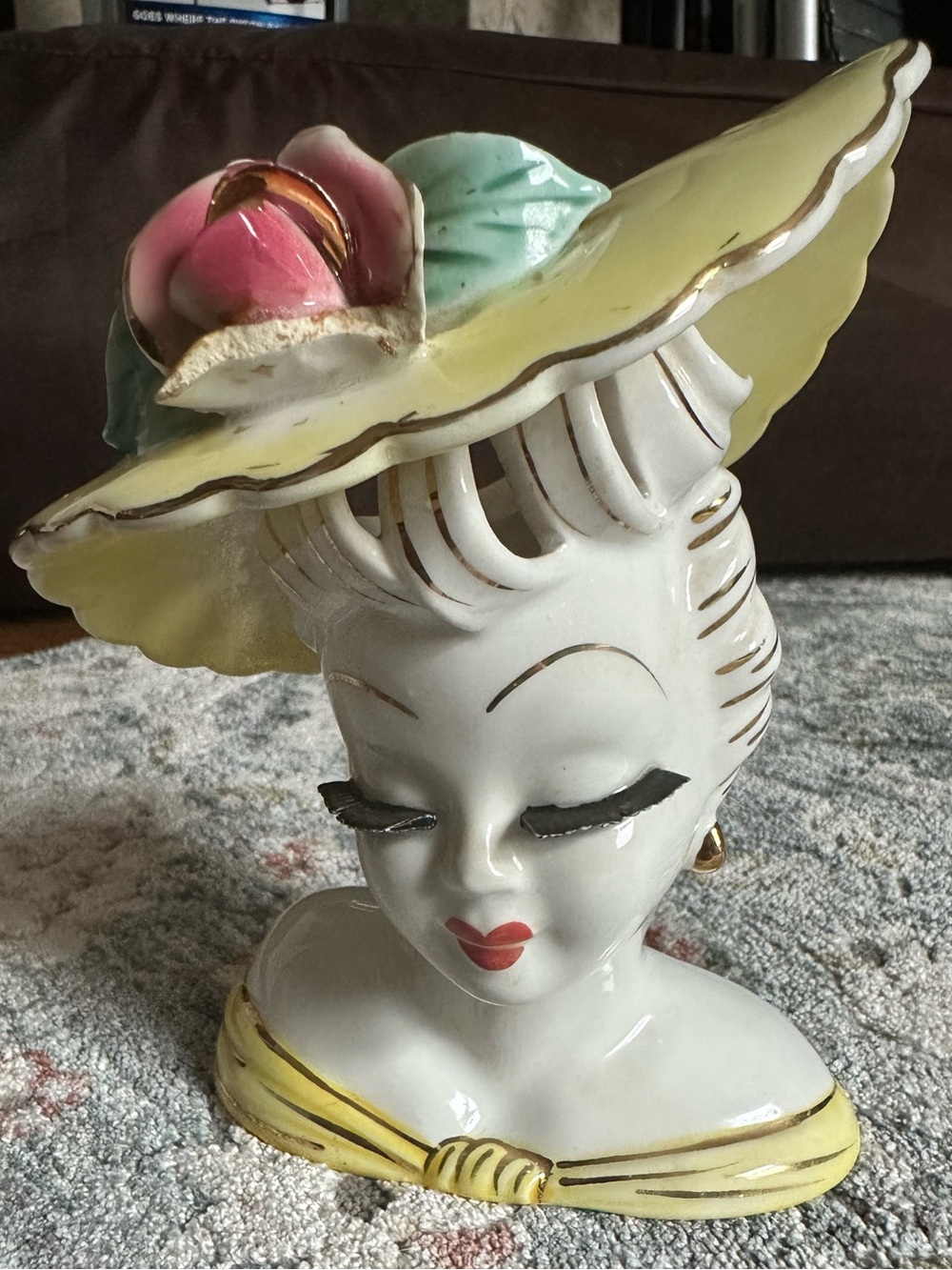 VTG Napco Lady Head Vase, Southern Belle with Yellow Hat